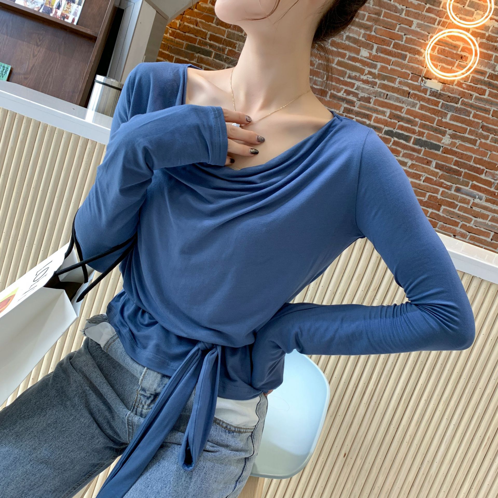 DoggyQin with a solid color long sleeve T-shirt female 2021 spring, summer, Most laces casual jacket female bottoming shirt