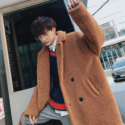 冬季羊羔毛毛呢大衣男士中長款翻領寬松風衣韓版學生潮流加厚外