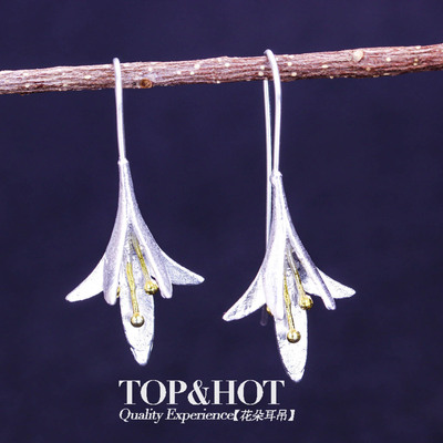 时尚复古花朵耳环女长款兰花耳钩日韩白铜镀银分色花卉耳饰批发|ms