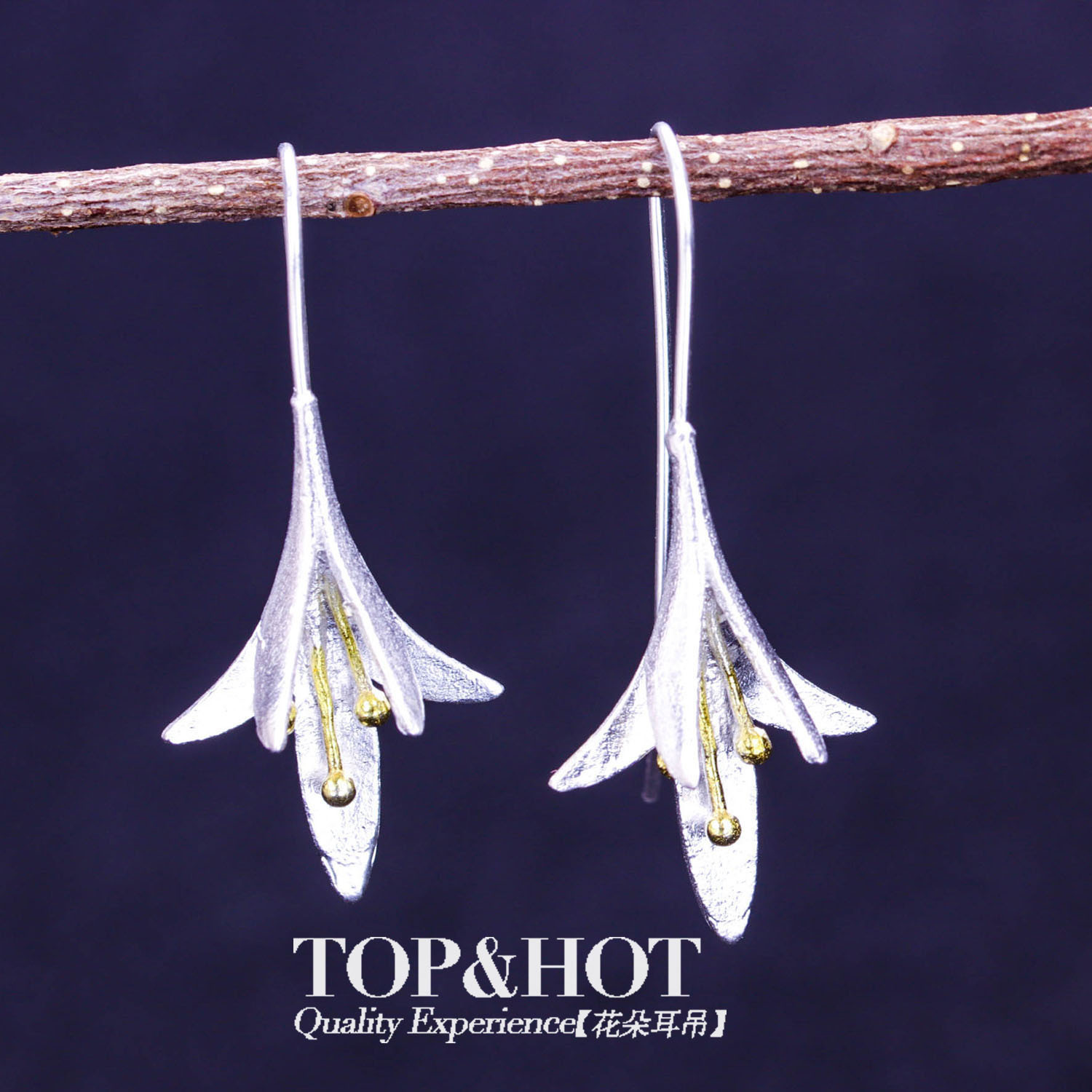 时尚复古花朵耳环女长款兰花耳钩日韩白铜镀银分色花卉耳饰批发|ms