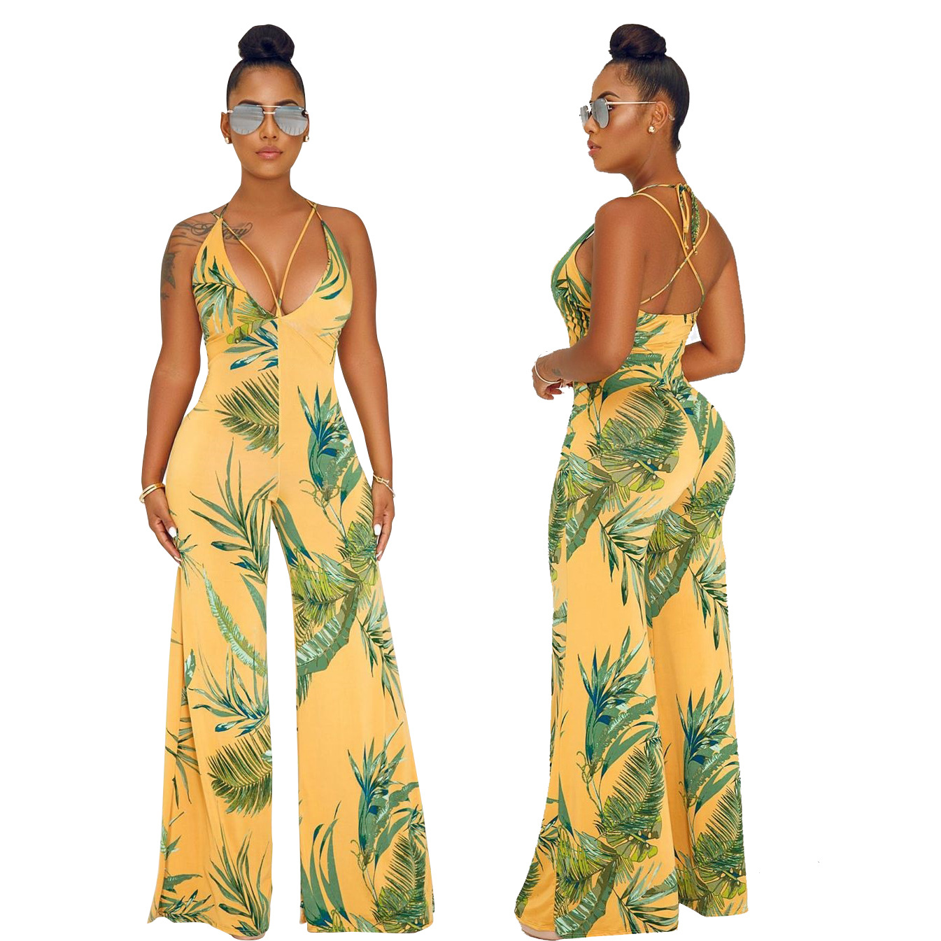 print wrap chest hanging neck backless wide-leg jumpsuit NSFBS125997