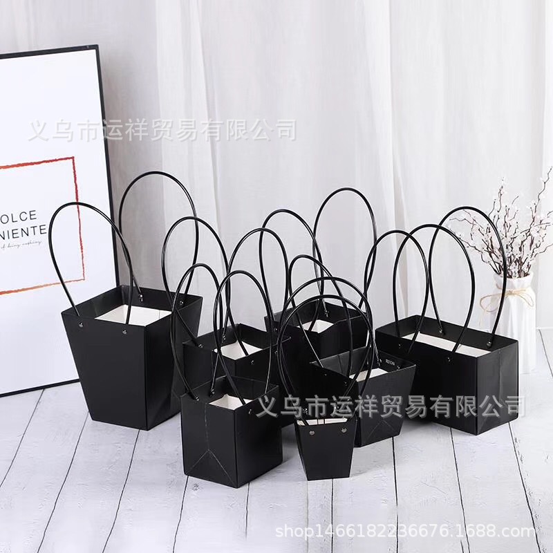 纸花篮手提盒鲜花手提盒白卡纸质防水DIY插花袋长柄提袋插花盒