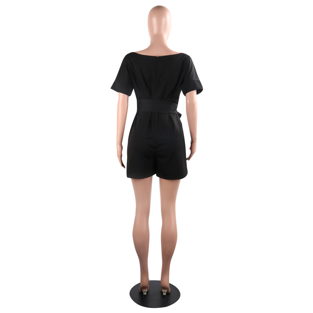 Classic Solid Color Round Neck Hollow Out Cutout Out Short Sleeved Jumpsuit
