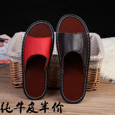 牛皮拖鞋海宁情侣皮拖鞋女防滑平底一字拖室内软底居家凉拖女夏|ms