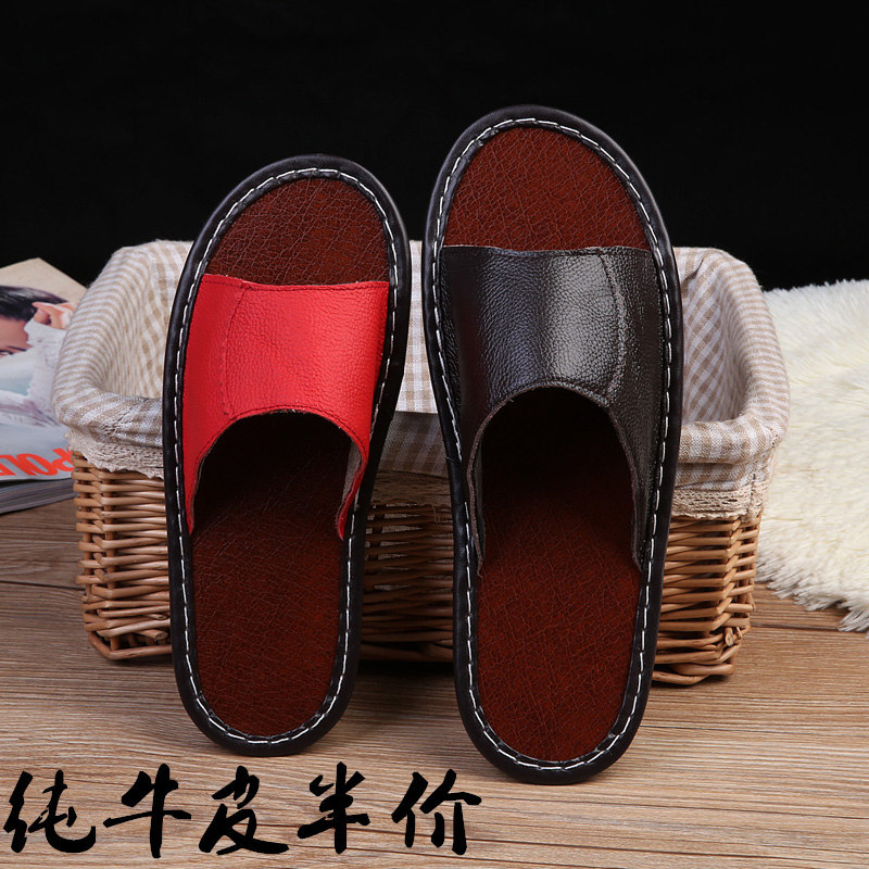 牛皮拖鞋海宁情侣皮拖鞋女防滑平底一字拖室内软底居家凉拖女夏|ms