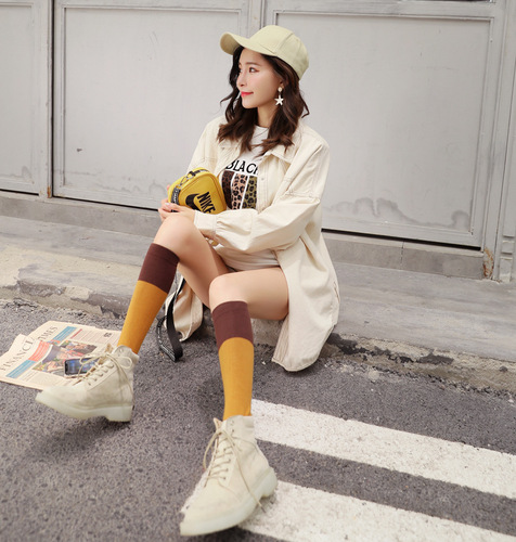 Solid color splicing knee socks, Japanese and Korean socks, mid-length calf socks, solid color high socks, JK socks