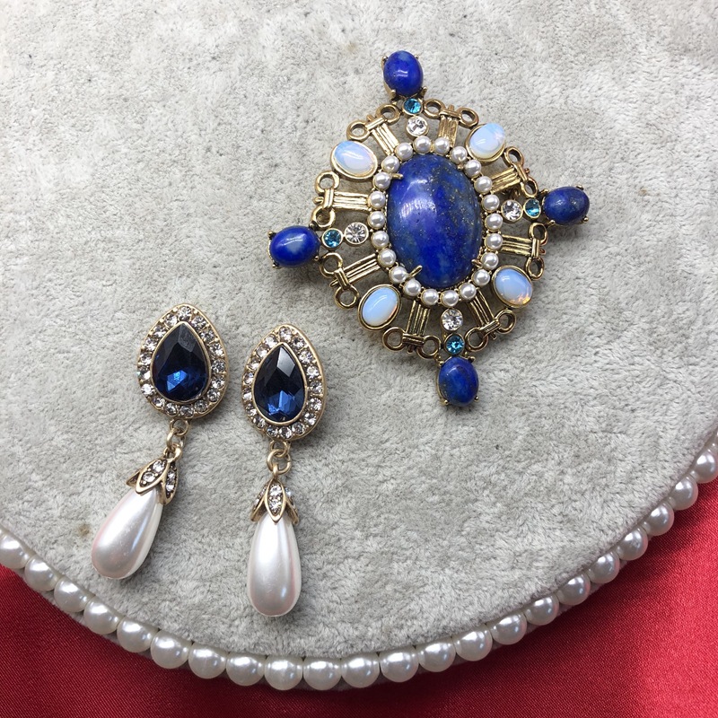 Blue Gemstone Ear Studs Vintage Ear Studs Baroque Water Drop Pearl Stud Aretes Para Mujer display picture 5