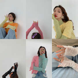 2025夏季糖果色网纱透视韩版防晒内搭长袖宽松打底衫女上衣t恤潮