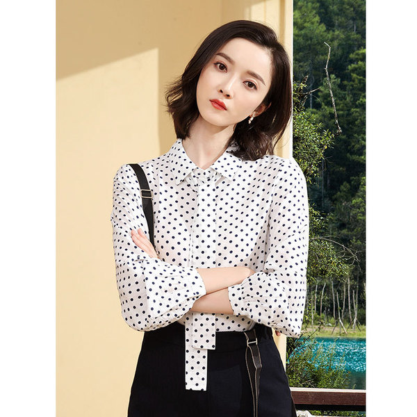 Chiffon Long Sleeve Polka Dot Shirt women’s Korean bow ribbon elegant printed shirt