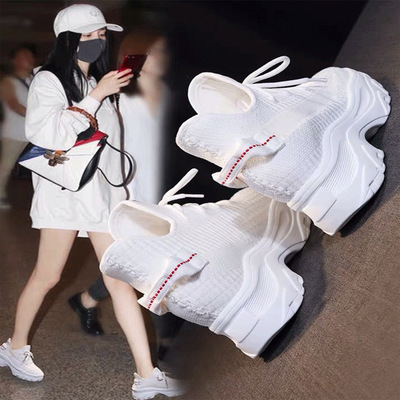 网面运动鞋女春季2019新款网红百搭厚底松糕透气内增高小白鞋休闲|ms