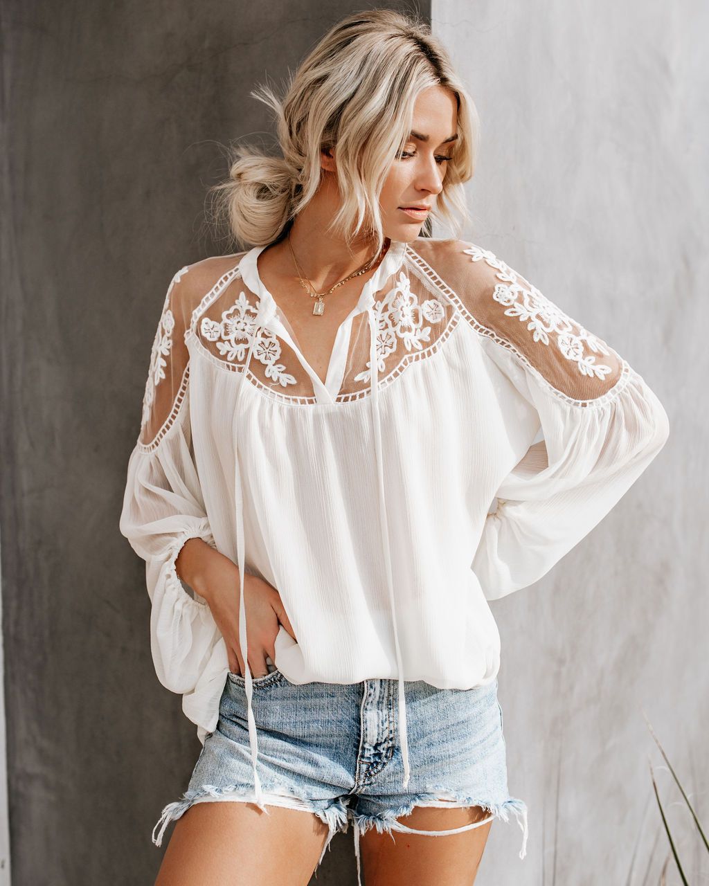 stitching loose V-neck long sleeve lace-up solid color perspective top NSFH128316