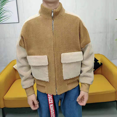 2019 winter new pattern grain Jacket men's wear Stand collar Zipper section Sheep velvet fashion student keep warm Little coat