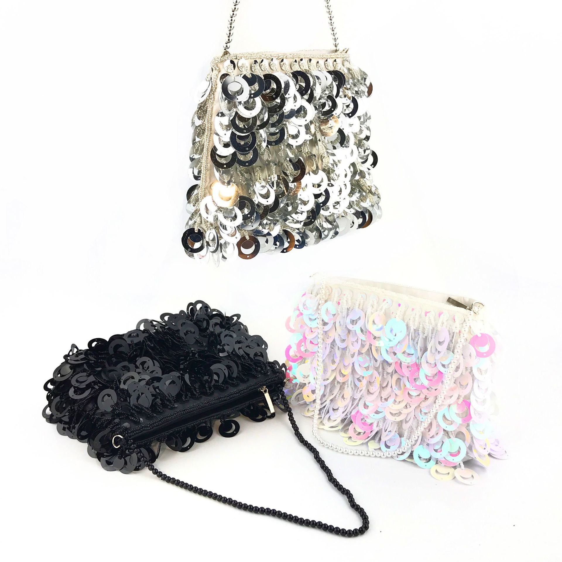 White Silk Solid Color Sequins Square Clutch Evening Bag display picture 1