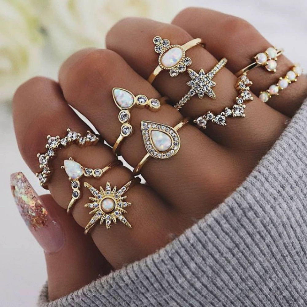 Ethnic Retro Drop-Shaped Ring Set, Alloy with Diamond Accents, Gold, Sizes 1.6 & 1.8 cm