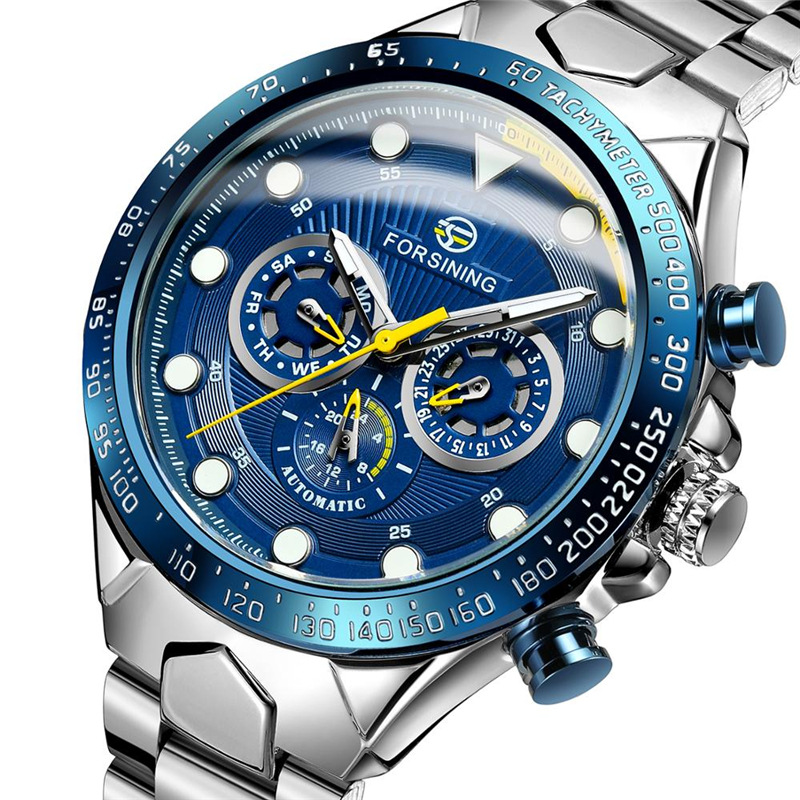 FORSINING fusini hombres moda correa de acero reloj mecánico automático reloj impermeable luminoso de seis pines 432