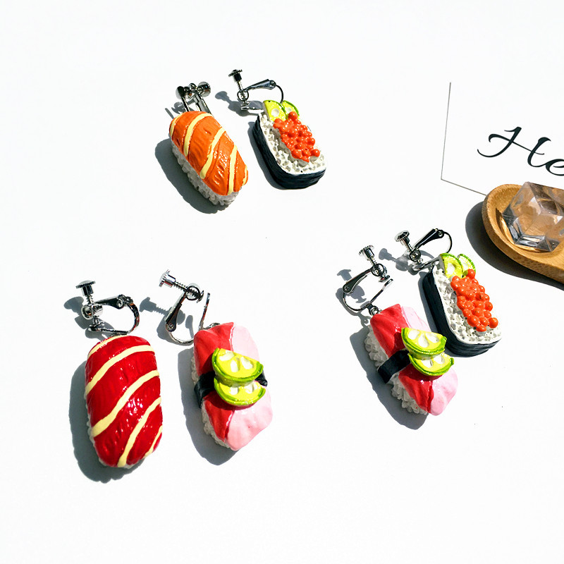 Cute Creative Asymmetric Sushi Salmon Resin Earrings display picture 2