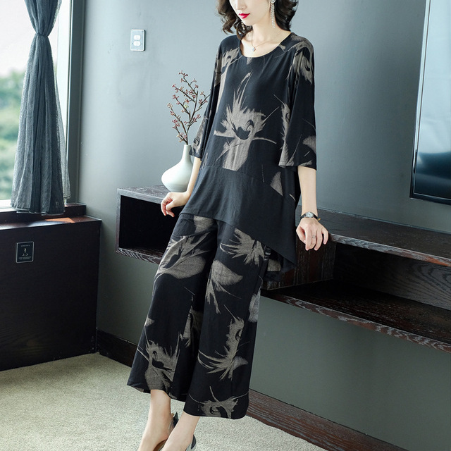 Autumn New Fashion Loose Printed Top Wide-legged Pants Two-piece 