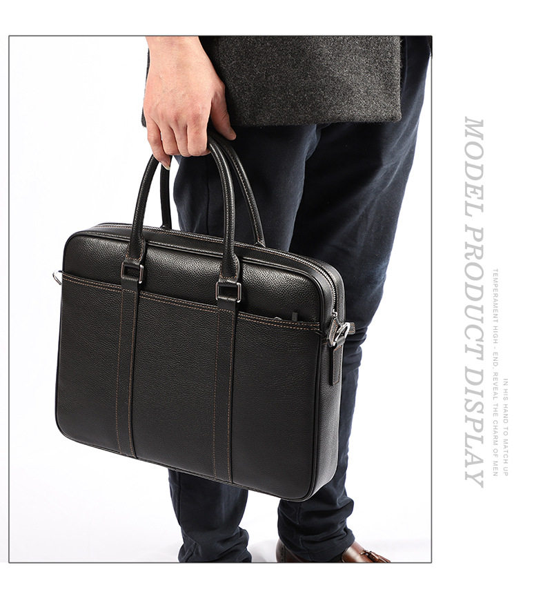 Túi xách công sở nam da bò thật dạng ngang đựng laptop 14 inch 39×28×8 cm — Màu đen dây nâu, Màu đen đường đen chi tiết 13
