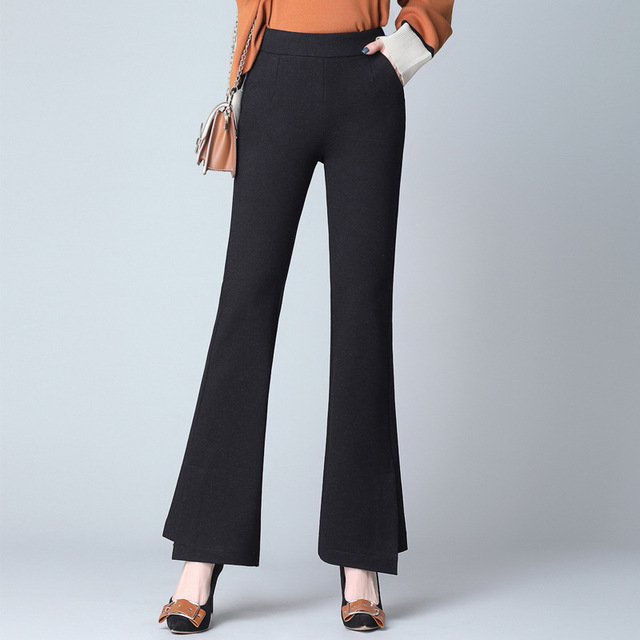 Micro flared pants women’s new fall 2019 high waist sagging thin irregular split casual pants black 9-point pants