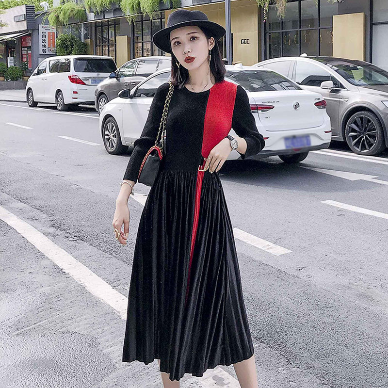 三宅褶皱2020秋季新款金丝绒中长款时尚撞色显瘦大码圆领连衣裙女