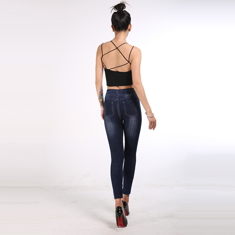Dam leggings denim look hög midja bomull med prickar byxor_voghion.com