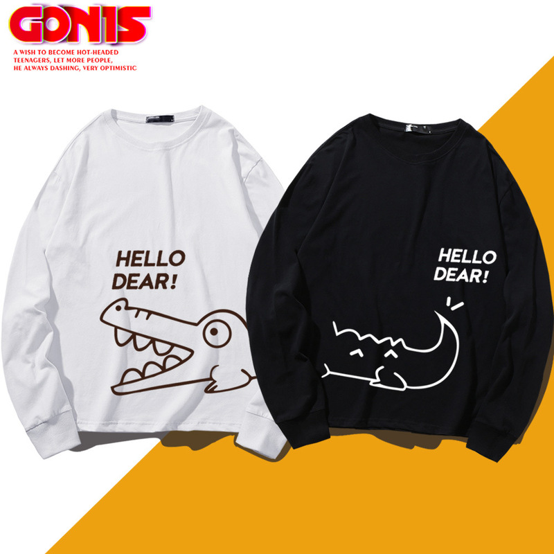Spring and Autumn Cartoon Long-sleeved T-shirt Men's and Women's Crocodile Print Thin Pure Cotton Loose Shoulder-drop Sports Couple Top