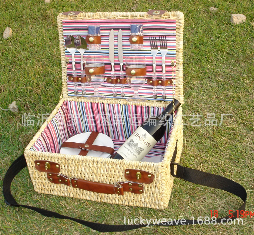 Пикниковая корзина Lucky Weaving, ивовая для 2 человек с полным набором посуды, 48×22×34 см