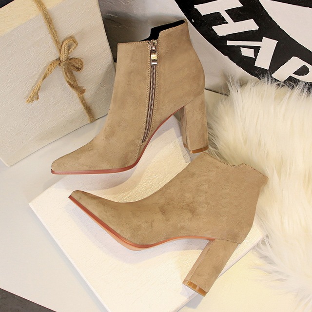 European and American winter fashion simple thick heel high pointed suede sexy nightclub show thin short boots and nude 
