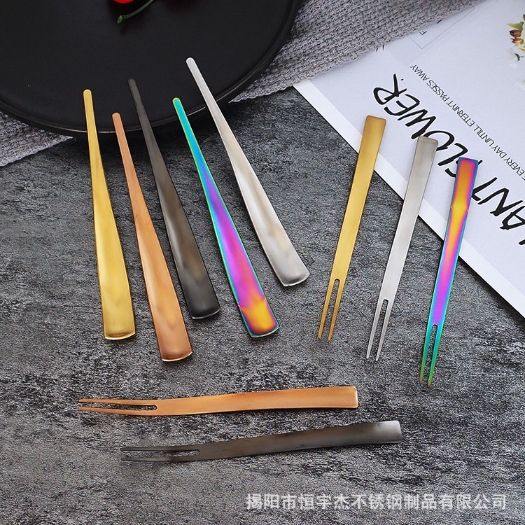 304不锈钢咖啡搅拌勺水果叉两件套 创意镀金甜品勺叉套装