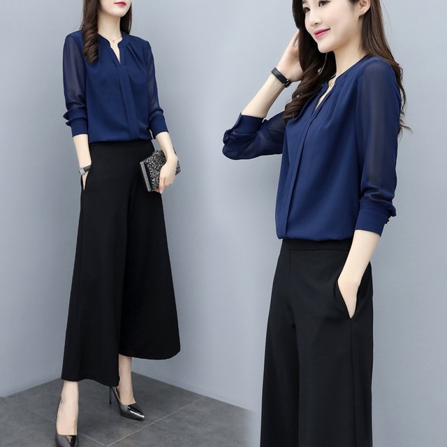 Spring two-piece pants Chiffon long-sleeved shirt wide-legged pants 