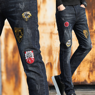 2020春季小脚修身3D绣花韩版社会青少年弹力个性长裤男士牛仔裤潮