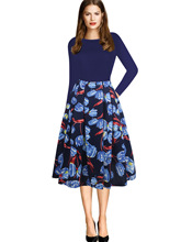 爆款亞馬遜秋冬長袖拼接圓領高腰印花大擺口袋波點蓬蓬長款連衣裙