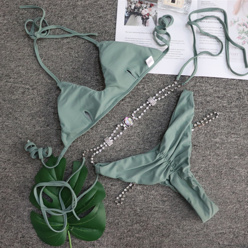 Sexy Rhinestone Stitching Solid Color Bikini 2 Piece Swimsuit NSKLL102272