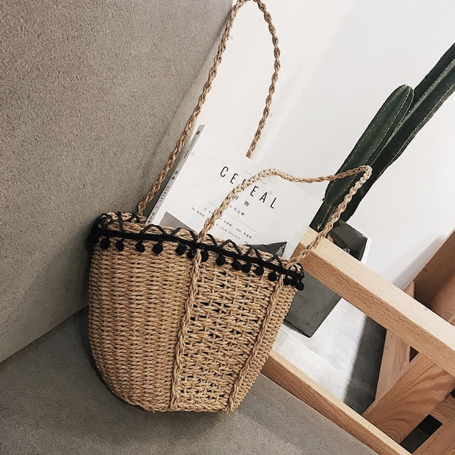 Pure Handmade Straw Bag Summer Hair Ball Beach Bag Pure-color Woman Bag Baitie One Shoulder Slant Bag