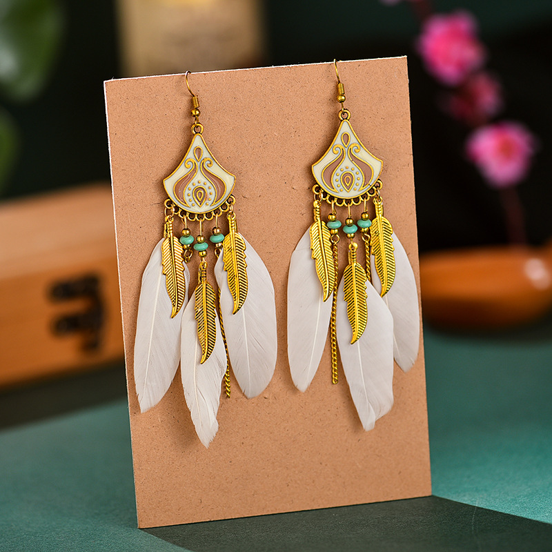 Fanshaped leaf feather female retro exotic leaf tassel alloy earrings ethnic wind jewelrypicture2