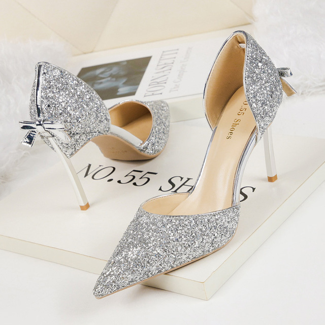 Sexy pointed shallow high-heeled sequins bow-tied slim-heeled shoes