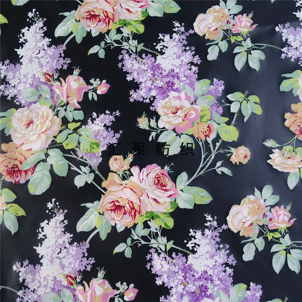 皮革数码印花 黑色大满版花朵 喷绘印花布 时装印花面料 皮革印花