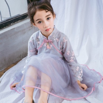 女宝宝春装2019新款女童复古旗袍裙连衣裙儿童网纱公主裙子表演服|ru