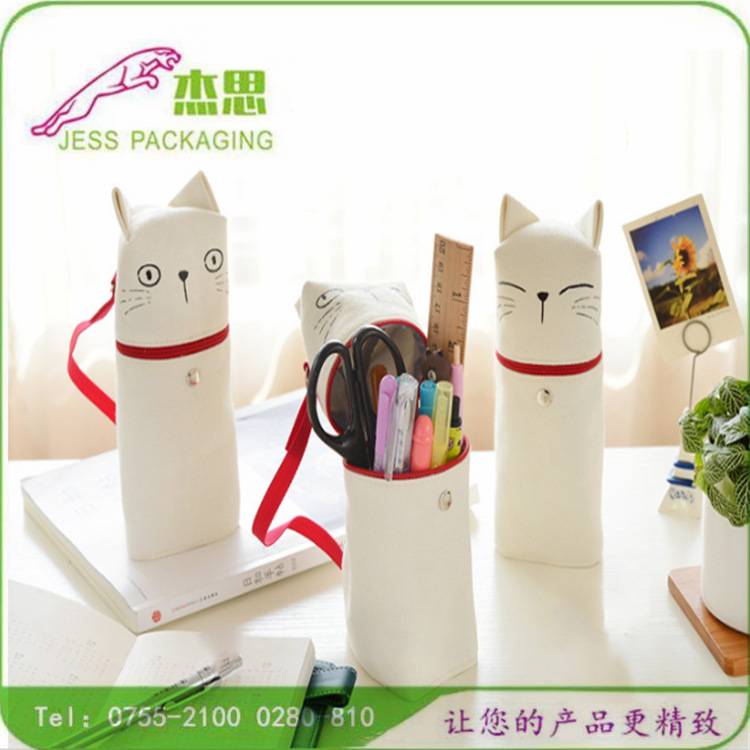 设计新款帆布韩国立体大容量笔袋折叠笔筒卡通小喵咪站立式文具盒