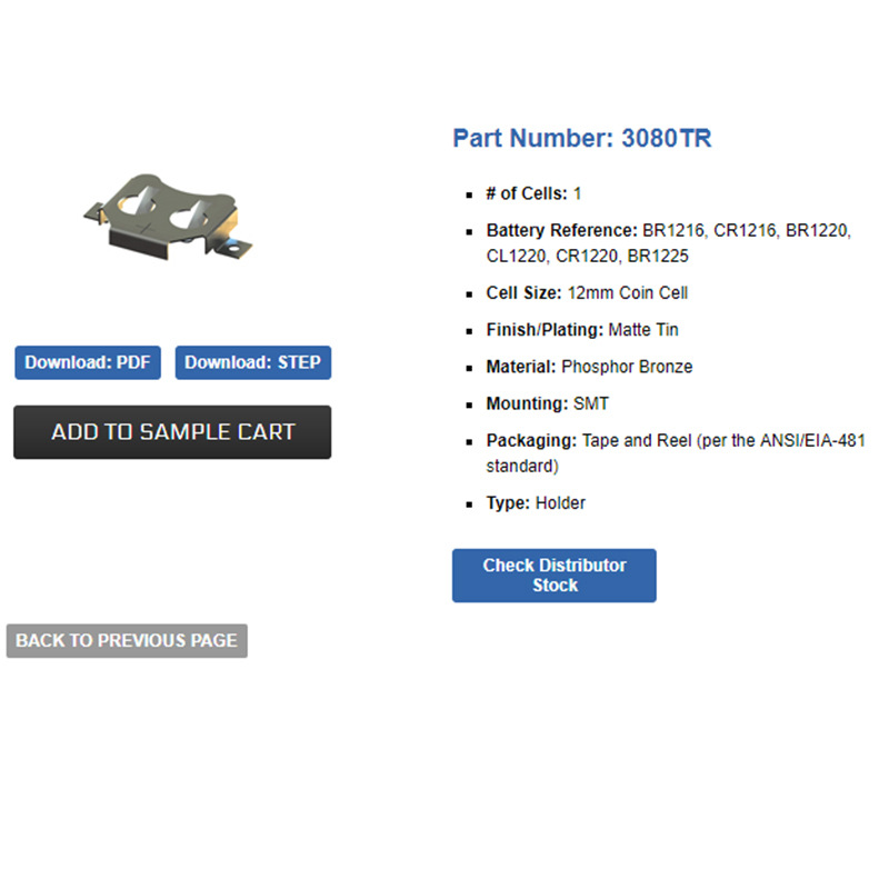 KEYSTONE ELECTRONICS 3080TR CR1612编带 CR1620 CR1616电池弹片