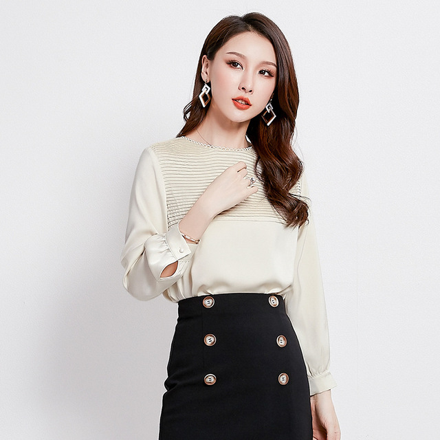 Autumn New Long-sleeved Folded Pullover Round-necked Chiffon Shirt