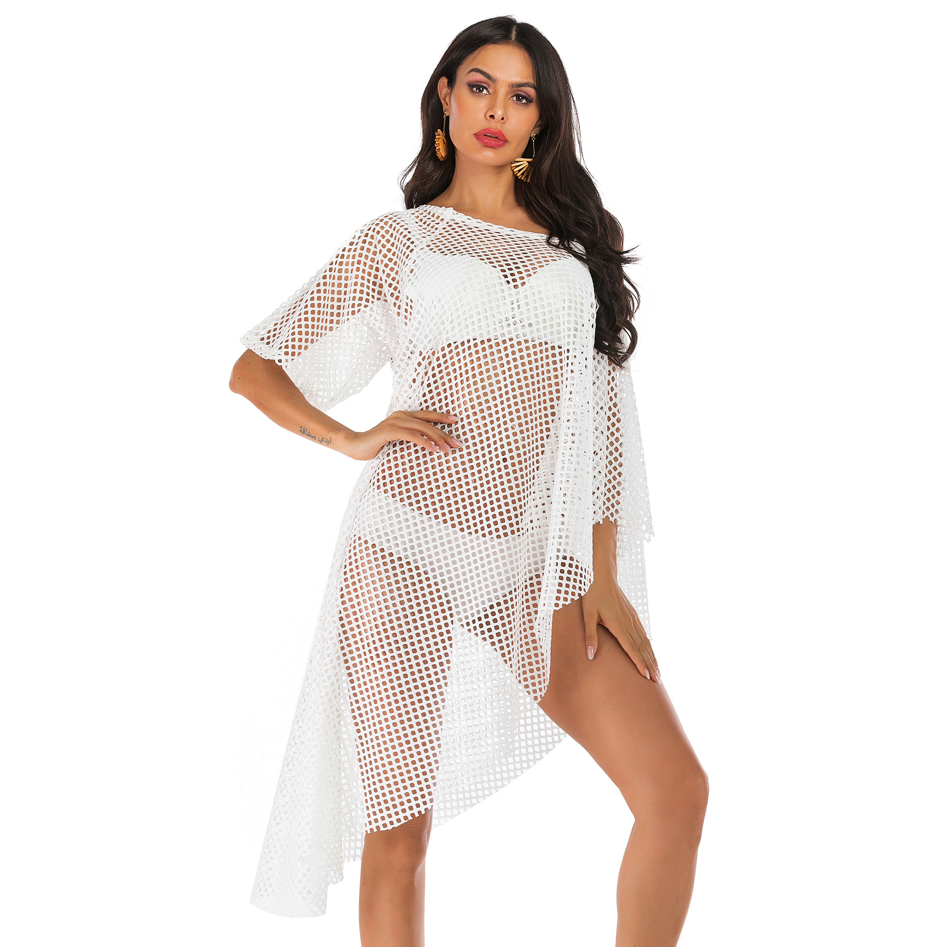 irregular off-shoulder neckline hollow see-through sexy mesh beach blouse  NSOY26729