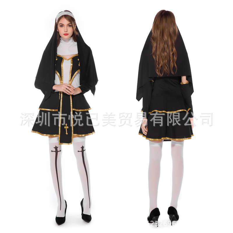 万圣节女牧师角色扮演服装十字架牧师服修女Cosplay修道服游戏服