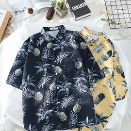 韩国复古树叶菠萝碎花情侣短袖衬衫夏日百搭男女同款沙滩海边衬衣