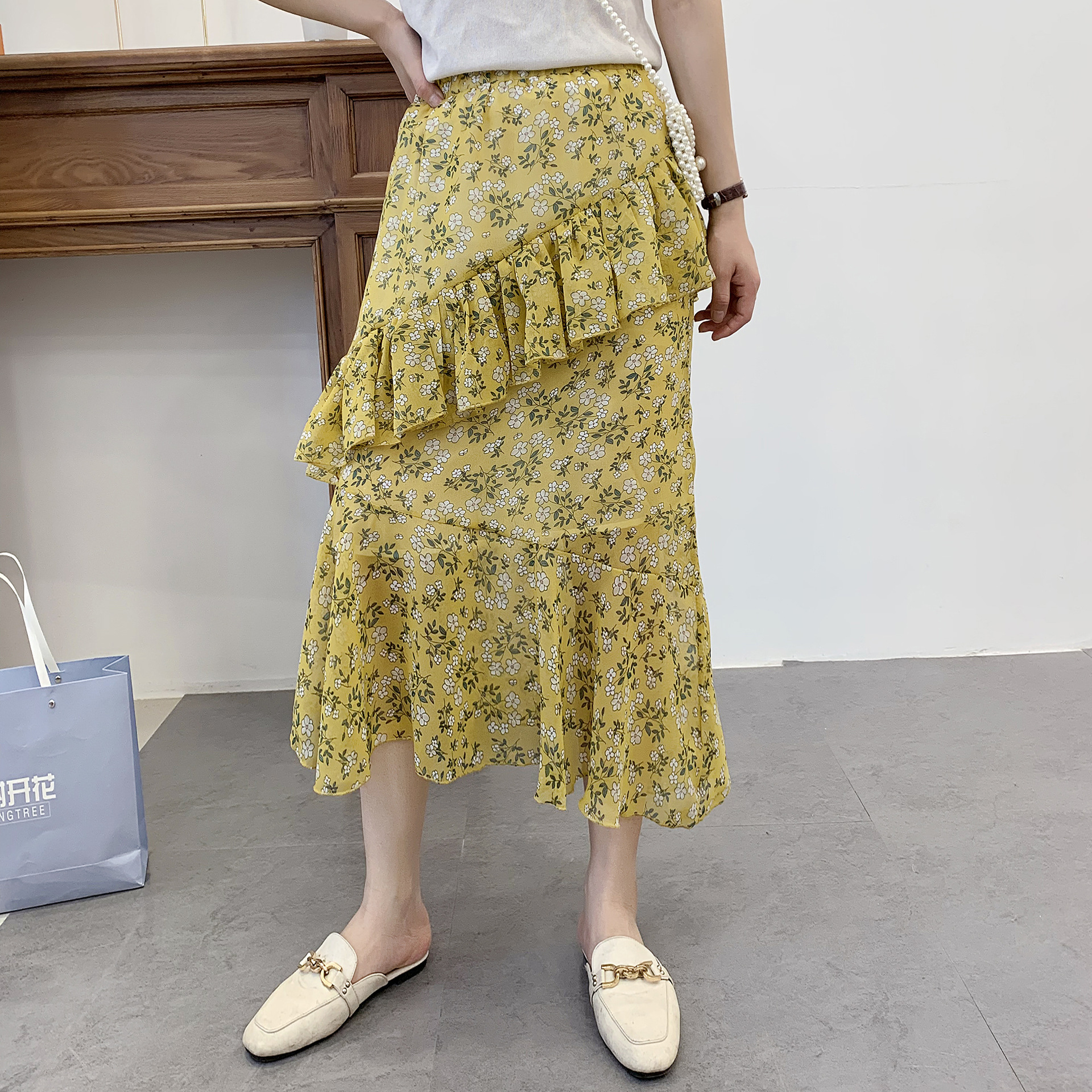 floral mid-length irregular chiffon skirt  NSAM46254