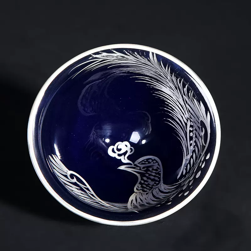 999纯银茶杯建盏主人杯大号手绘陶瓷功夫茶具手工镶银男士女单杯