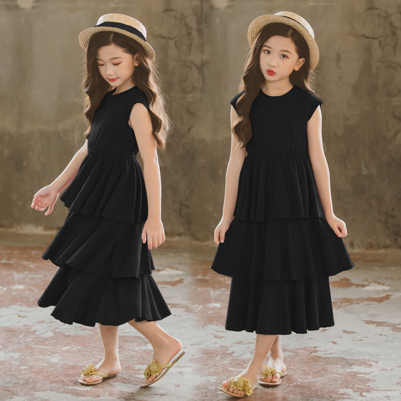 New Dress Middle School And University Children's Korean Literary Long Skirt Pure Cotton Girls' Cake Beach Skirt