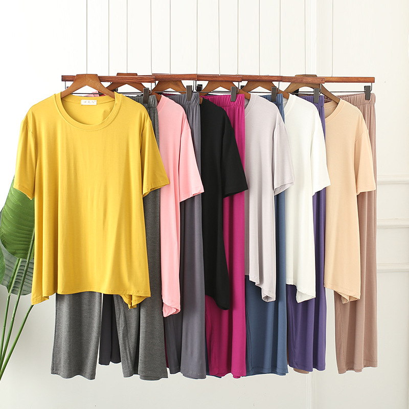 撞色網紅家居服夏季莫代爾睡衣女薄款短袖長褲套裝兩件套寬松冰絲