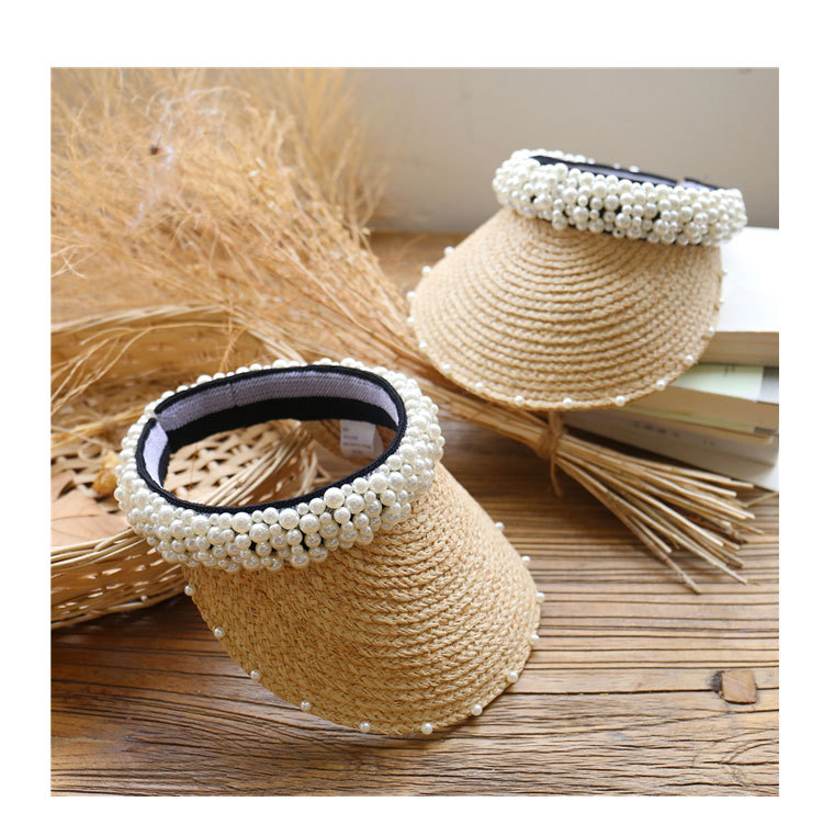 Korea Hand-sewn Pearl Empty Top Straw Hat display picture 3