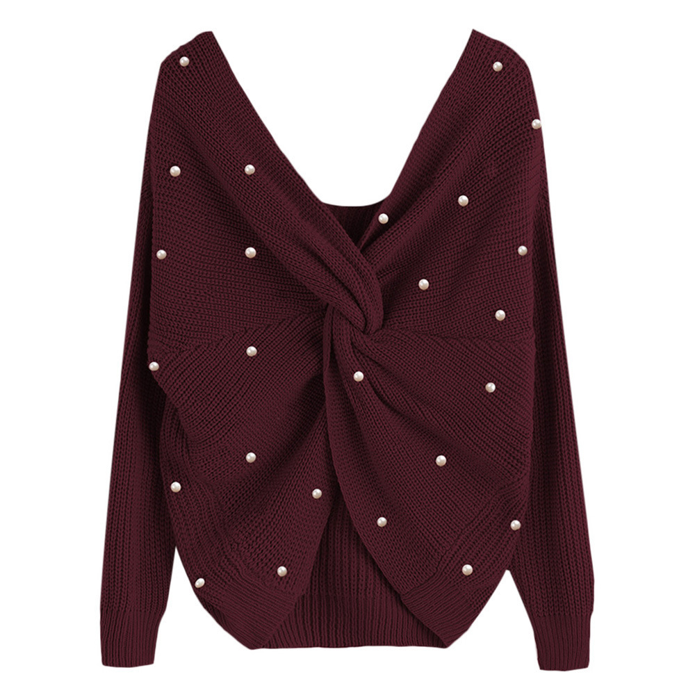 Suéter de Punto con Cuello en V y Espalda con Perlas para Mujer, Otoño/Invierno 2026, Éxito de Ventas en Amazon